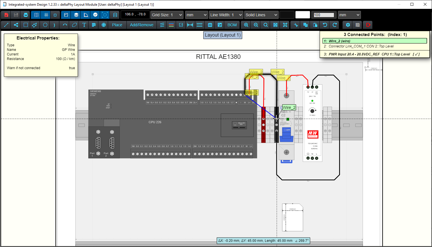 Image of layout editor showing airwires and paths