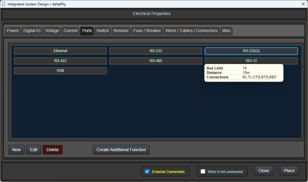 Example alternate RS232 port electrical object including the RTS and CTS signals